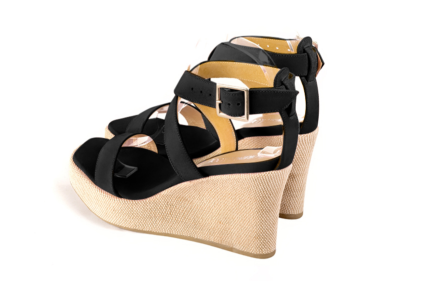 Women's matt black elegant fully open cross straps sandals. .  - Rear view